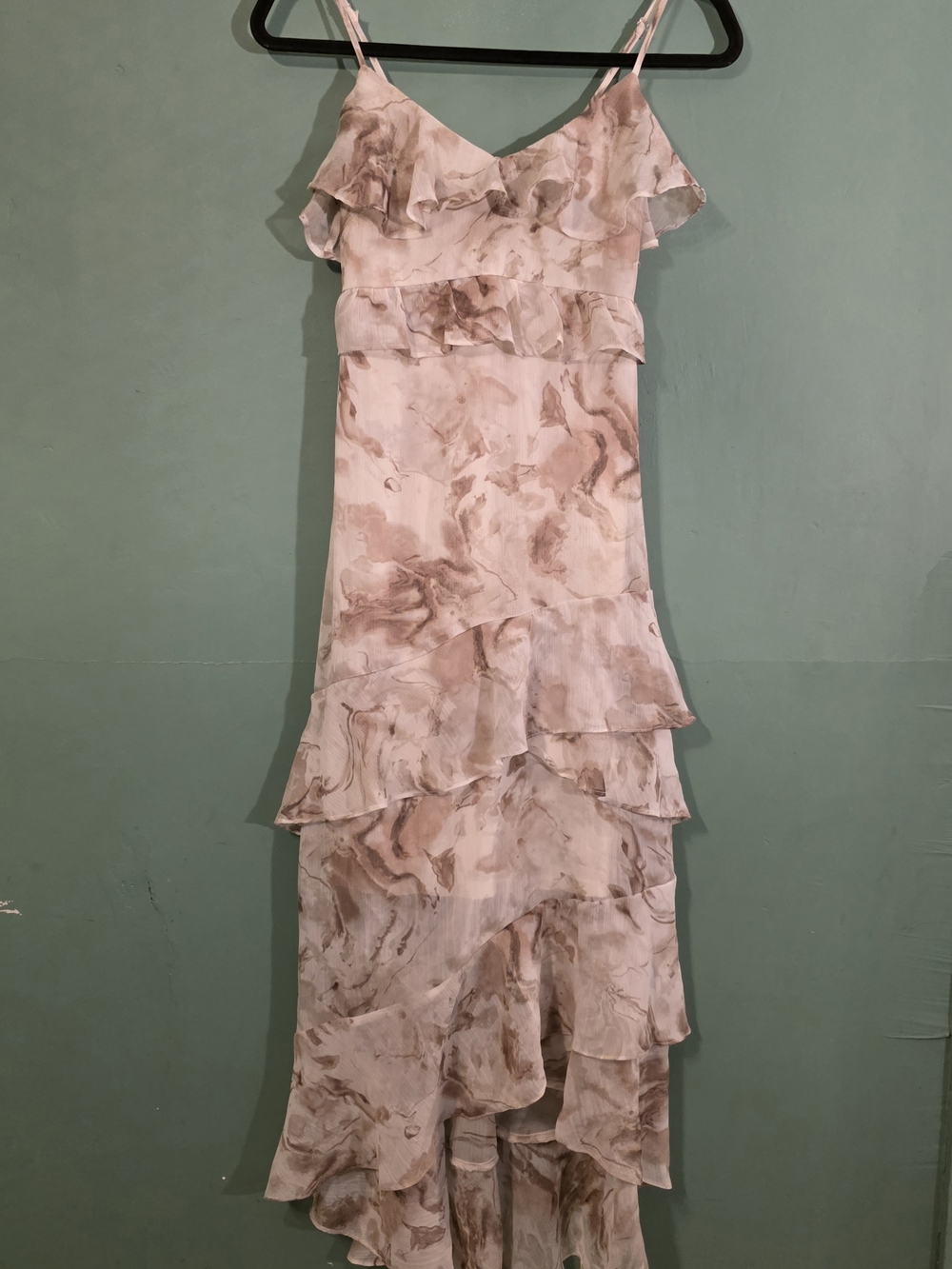 Blu Pepper Marble-Print Ruffle High-Low Slip Dress in Blush